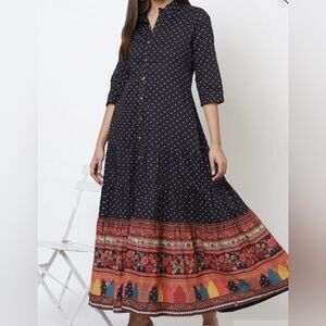 Biba Black Maxi Dress with Multicolor Border